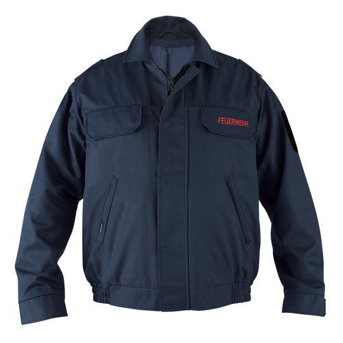 Dunkelblauer Feuerwehr Blouson NRW aus Schurwoll-Mix freigestellt in der Vorderansicht mit roten Feuerwehrloge von Büttner Fire Fashion