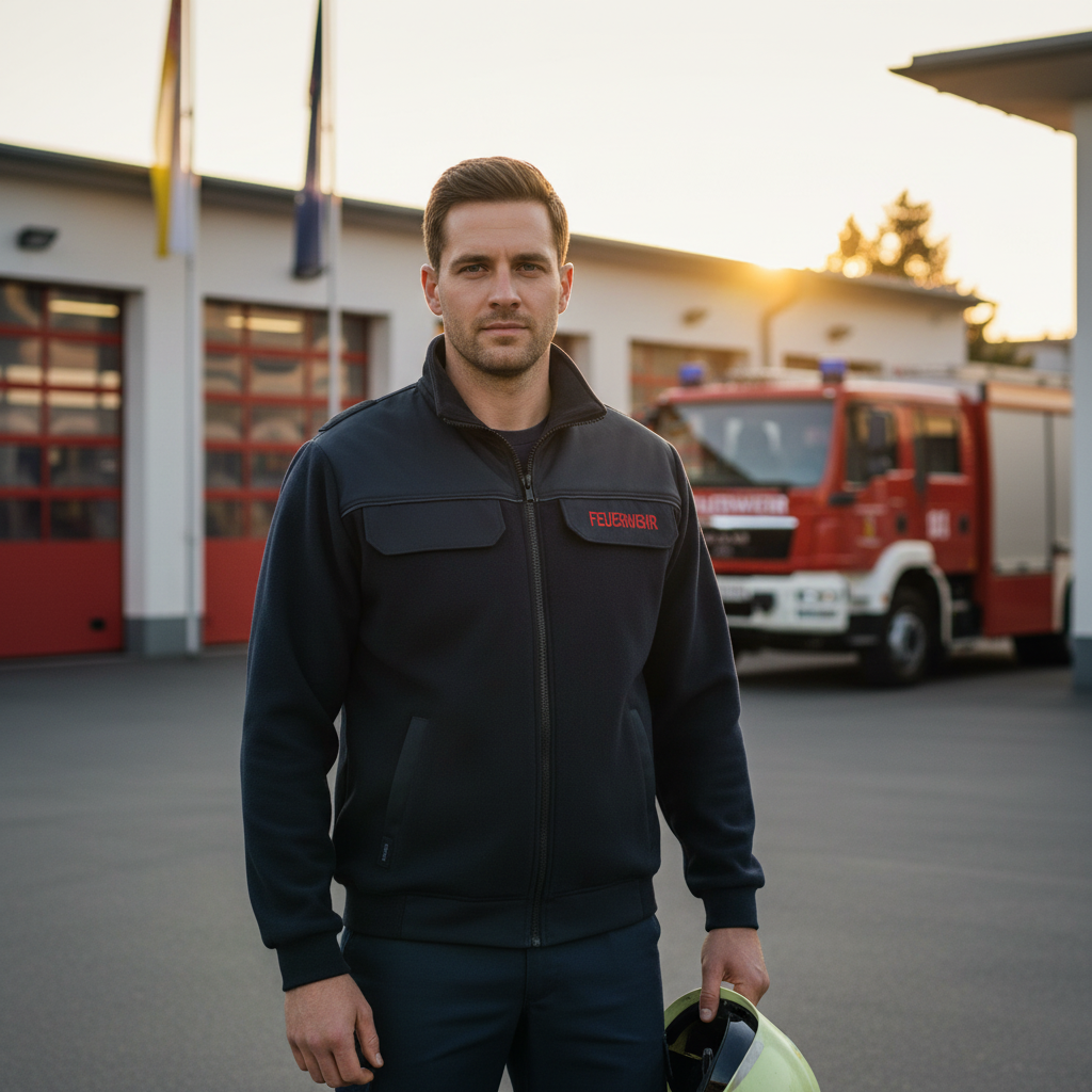 Feuerwehrmann trägt Fleecejacke Feuerwehr NRW